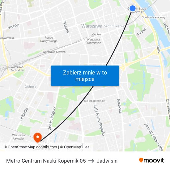 Metro Centrum Nauki Kopernik to Jadwisin map