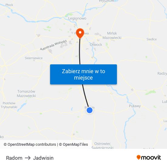 Radom to Jadwisin map