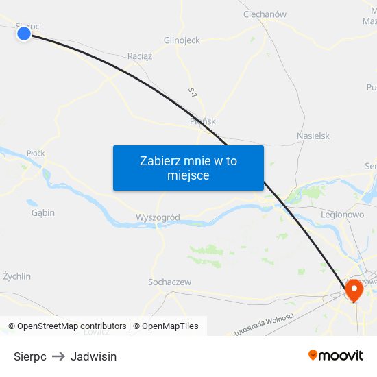 Sierpc to Jadwisin map