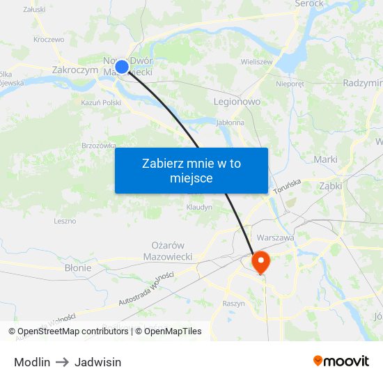 Modlin to Jadwisin map