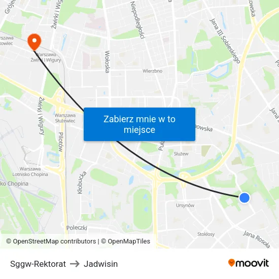 SGGW - Rektorat to Jadwisin map
