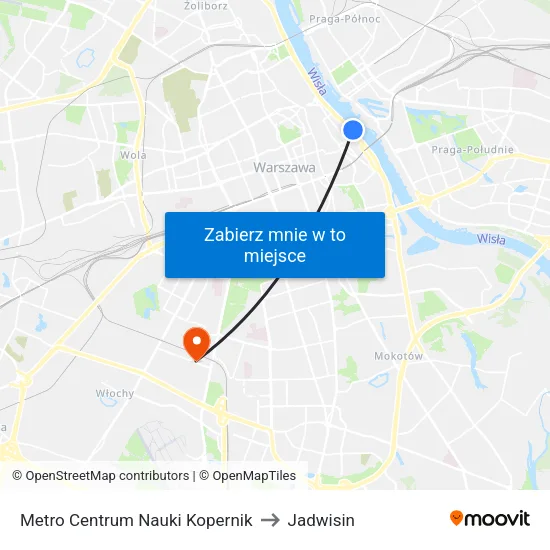 Metro Centrum Nauki Kopernik to Jadwisin map