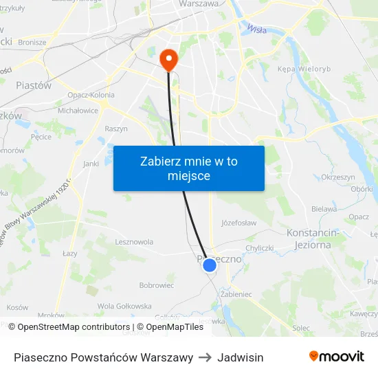Piaseczno Powstańców Warszawy to Jadwisin map
