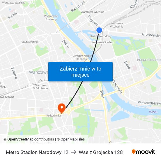 Metro Stadion Narodowy 12 to Wseiz Grojecka 128 map