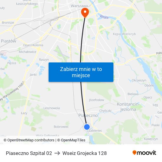 Piaseczno Szpital 02 to Wseiz Grojecka 128 map