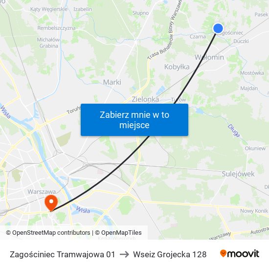 Zagościniec Tramwajowa 01 to Wseiz Grojecka 128 map