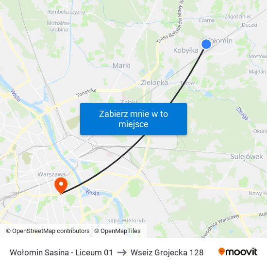 Wołomin Sasina - Liceum 01 to Wseiz Grojecka 128 map