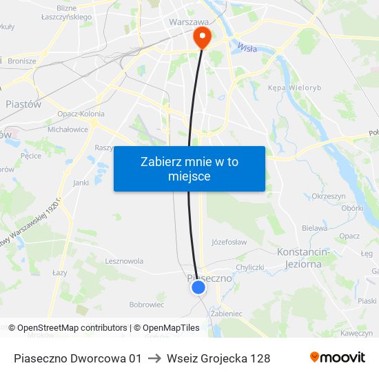 Piaseczno Dworcowa 01 to Wseiz Grojecka 128 map