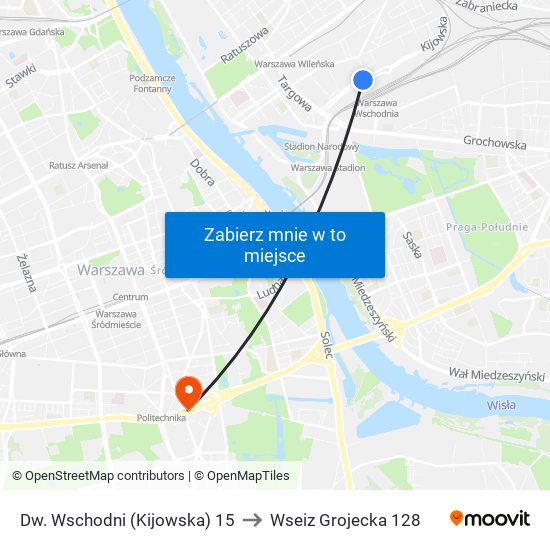 Dw. Wschodni (Kijowska) 15 to Wseiz Grojecka 128 map