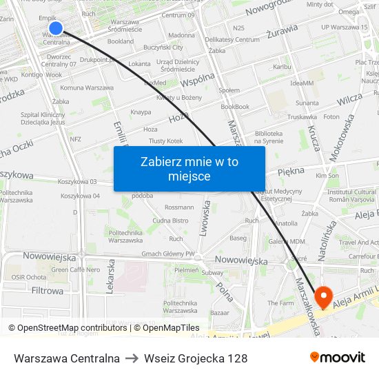 Warszawa Centralna to Wseiz Grojecka 128 map