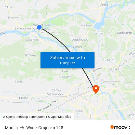 Modlin to Wseiz Grojecka 128 map