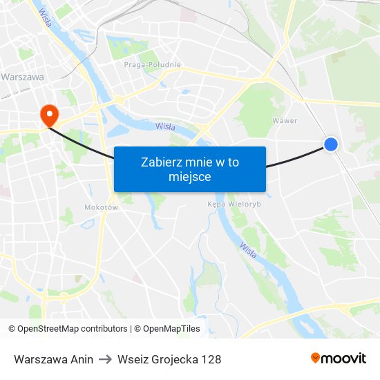 Warszawa Anin to Wseiz Grojecka 128 map