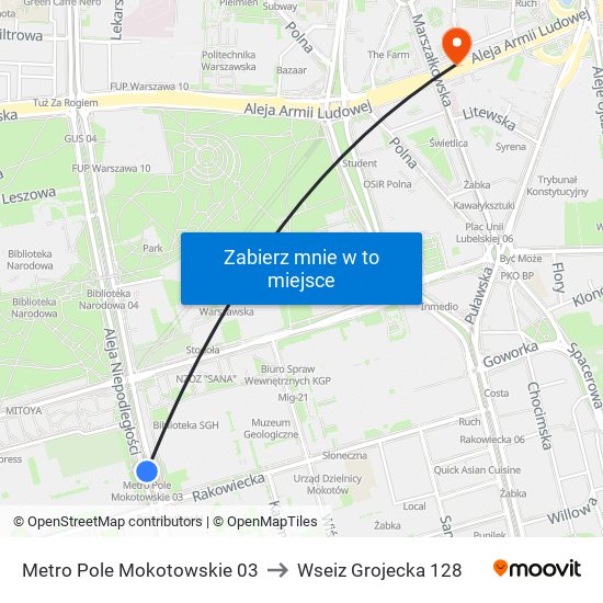 Metro Pole Mokotowskie to Wseiz Grojecka 128 map