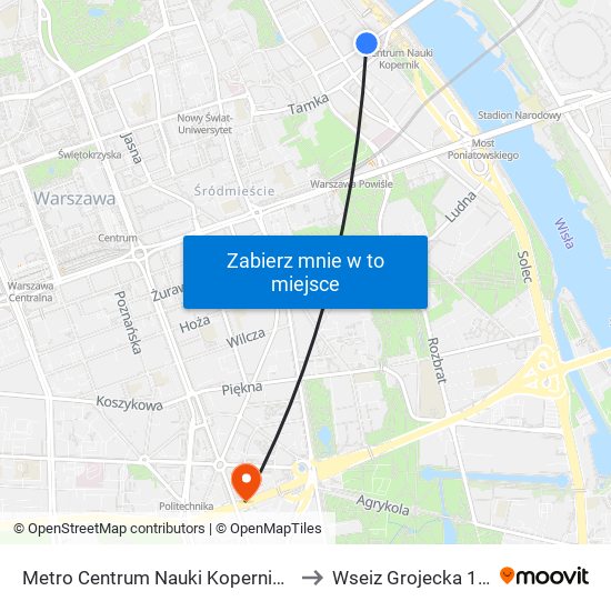 Metro Centrum Nauki Kopernik 04 to Wseiz Grojecka 128 map