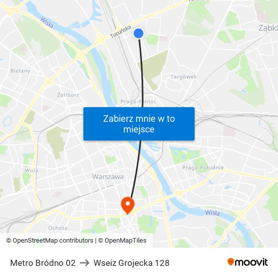 Metro Bródno 02 to Wseiz Grojecka 128 map