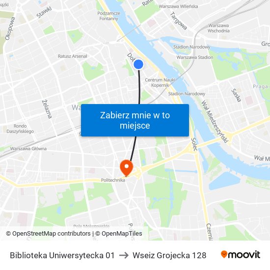 Biblioteka Uniwersytecka 01 to Wseiz Grojecka 128 map