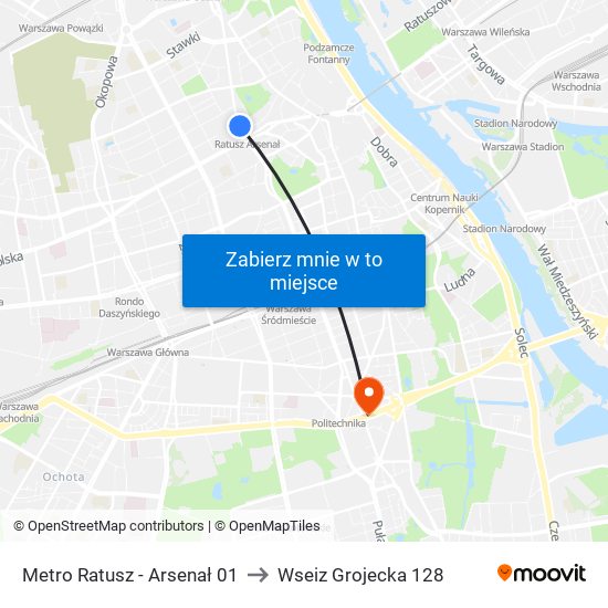 Metro Ratusz Arsenał to Wseiz Grojecka 128 map
