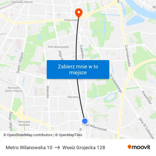 Metro Wilanowska 10 to Wseiz Grojecka 128 map