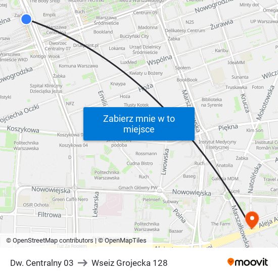 Dw. Centralny 03 to Wseiz Grojecka 128 map