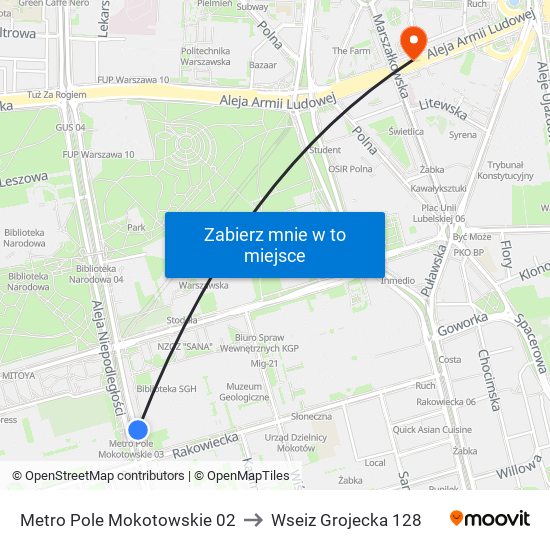 Metro Pole Mokotowskie 02 to Wseiz Grojecka 128 map