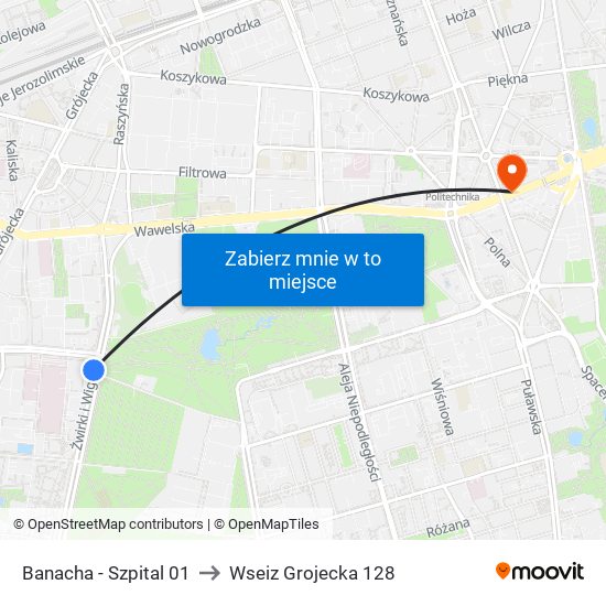 Banacha - Szpital 01 to Wseiz Grojecka 128 map