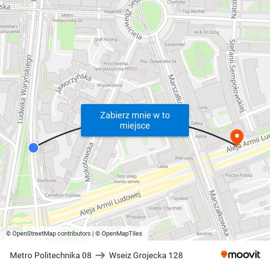 Metro Politechnika 08 to Wseiz Grojecka 128 map