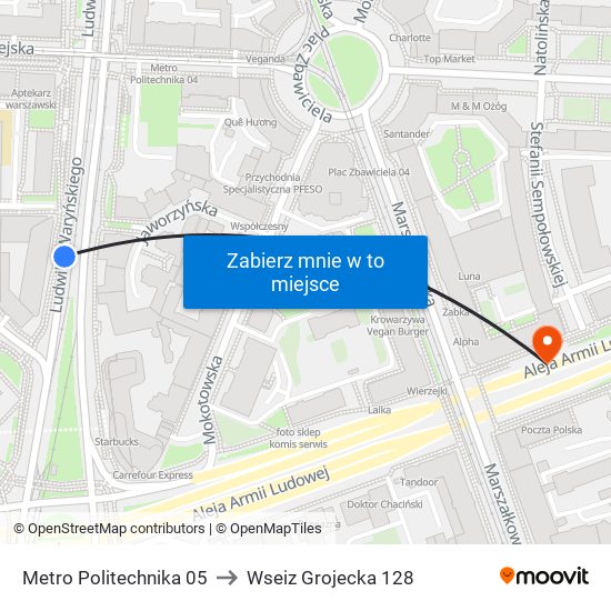 Metro Politechnika 05 to Wseiz Grojecka 128 map