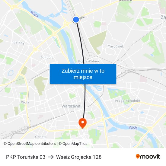 PKP Toruńska 03 to Wseiz Grojecka 128 map