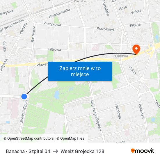 Banacha - Szpital 04 to Wseiz Grojecka 128 map