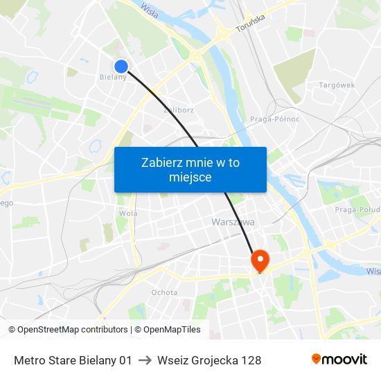 Metro Stare Bielany 01 to Wseiz Grojecka 128 map