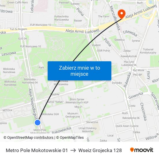 Metro Pole Mokotowskie 01 to Wseiz Grojecka 128 map