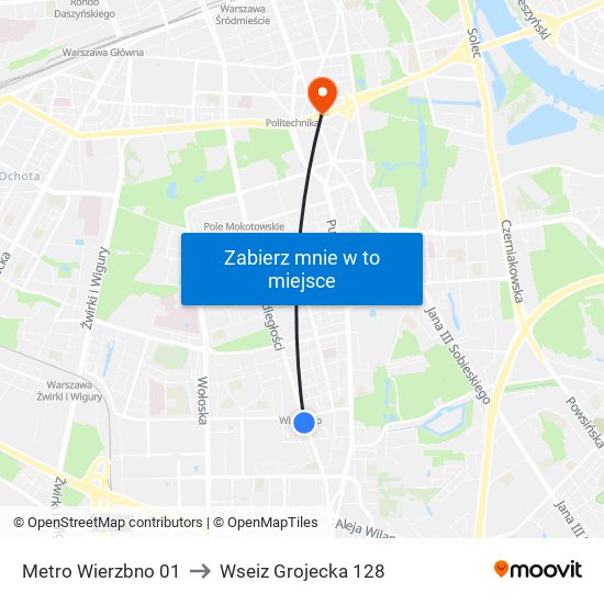 Metro Wierzbno 01 to Wseiz Grojecka 128 map