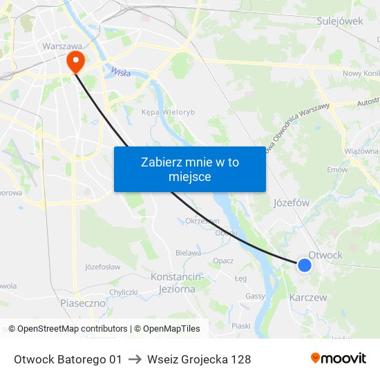 Otwock Batorego 01 to Wseiz Grojecka 128 map