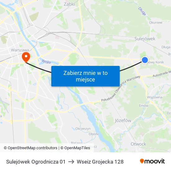 Sulejówek Ogrodnicza 01 to Wseiz Grojecka 128 map