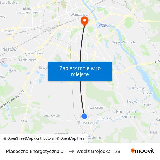 Piaseczno Energetyczna 01 to Wseiz Grojecka 128 map