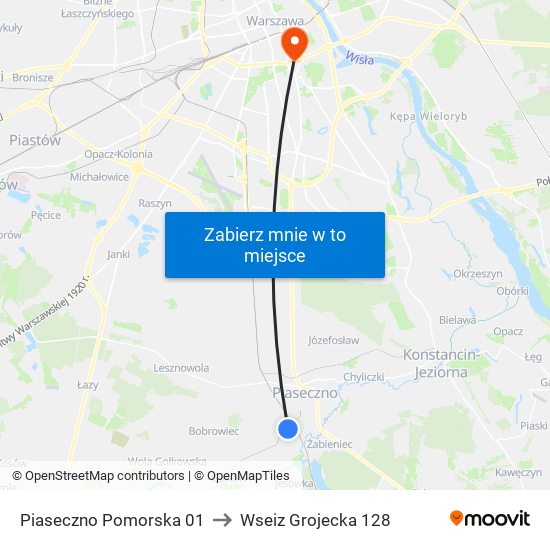 Piaseczno Pomorska 01 to Wseiz Grojecka 128 map