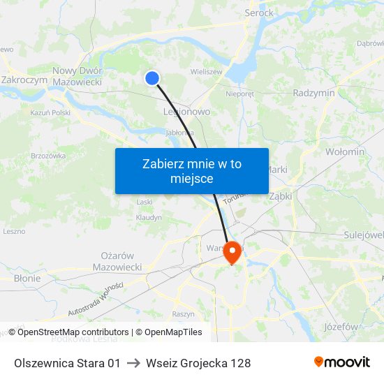 Olszewnica Stara 01 to Wseiz Grojecka 128 map