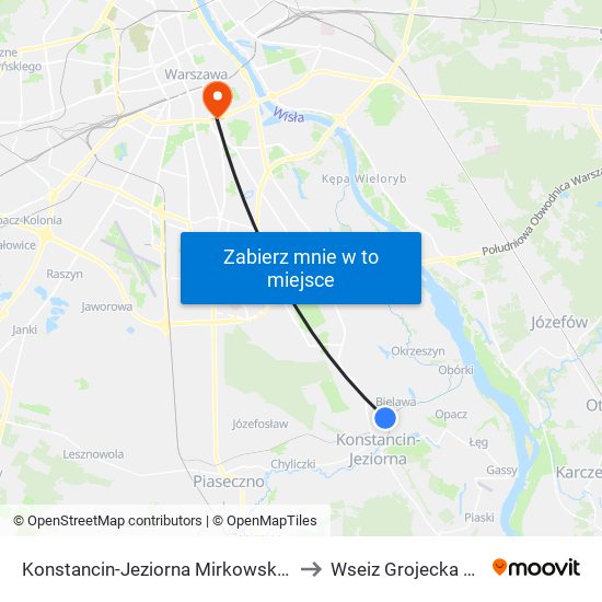 Konstancin-Jeziorna Mirkowska 01 to Wseiz Grojecka 128 map