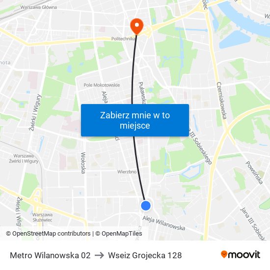 Metro Wilanowska 02 to Wseiz Grojecka 128 map