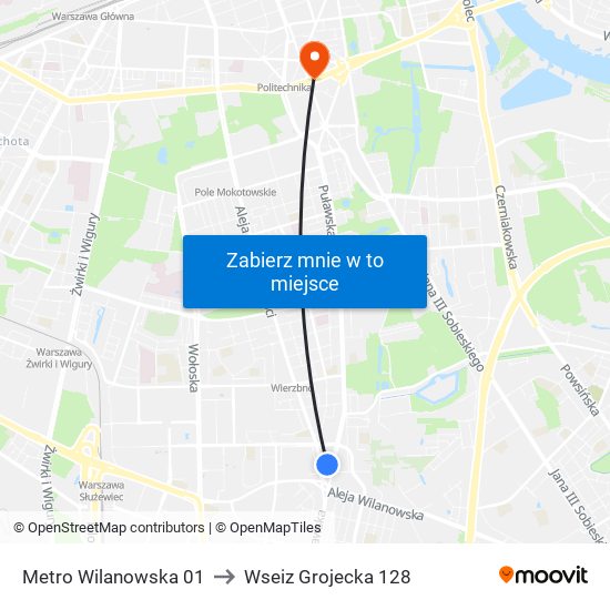 Metro Wilanowska 01 to Wseiz Grojecka 128 map