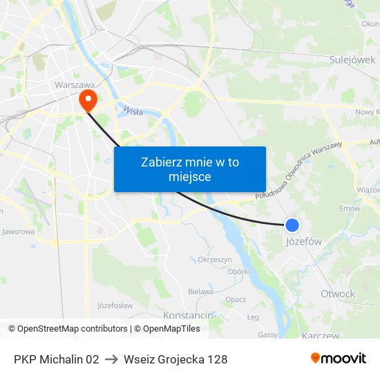 PKP Michalin 02 to Wseiz Grojecka 128 map