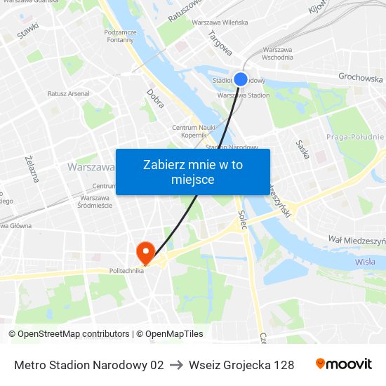 Metro Stadion Narodowy 02 to Wseiz Grojecka 128 map