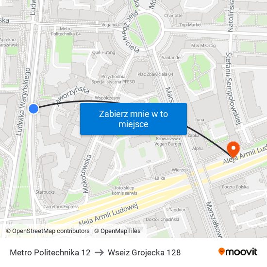 Metro Politechnika 12 to Wseiz Grojecka 128 map