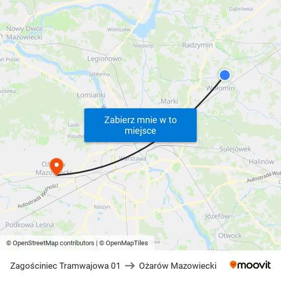 Zagościniec Tramwajowa 01 to Ożarów Mazowiecki map