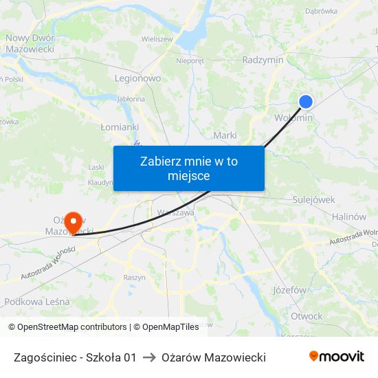 Zagościniec - Szkoła 01 to Ożarów Mazowiecki map