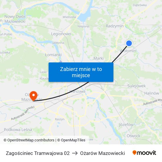 Zagościniec Tramwajowa 02 to Ożarów Mazowiecki map