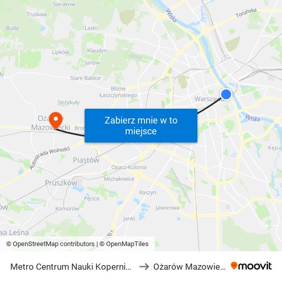 Metro Centrum Nauki Kopernik 05 to Ożarów Mazowiecki map