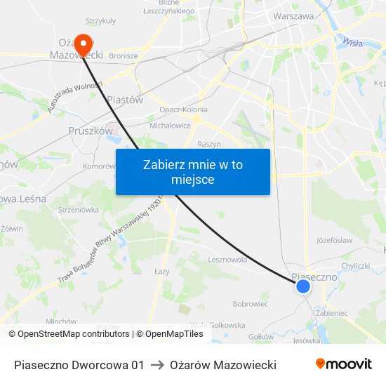 Piaseczno Dworcowa 01 to Ożarów Mazowiecki map