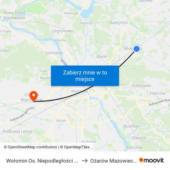 Wołomin Os. Niepodległości 03 to Ożarów Mazowiecki map