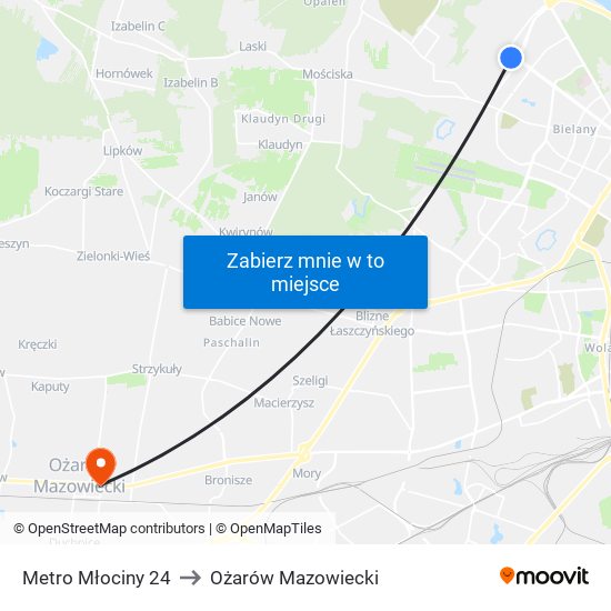 Metro Młociny 24 to Ożarów Mazowiecki map